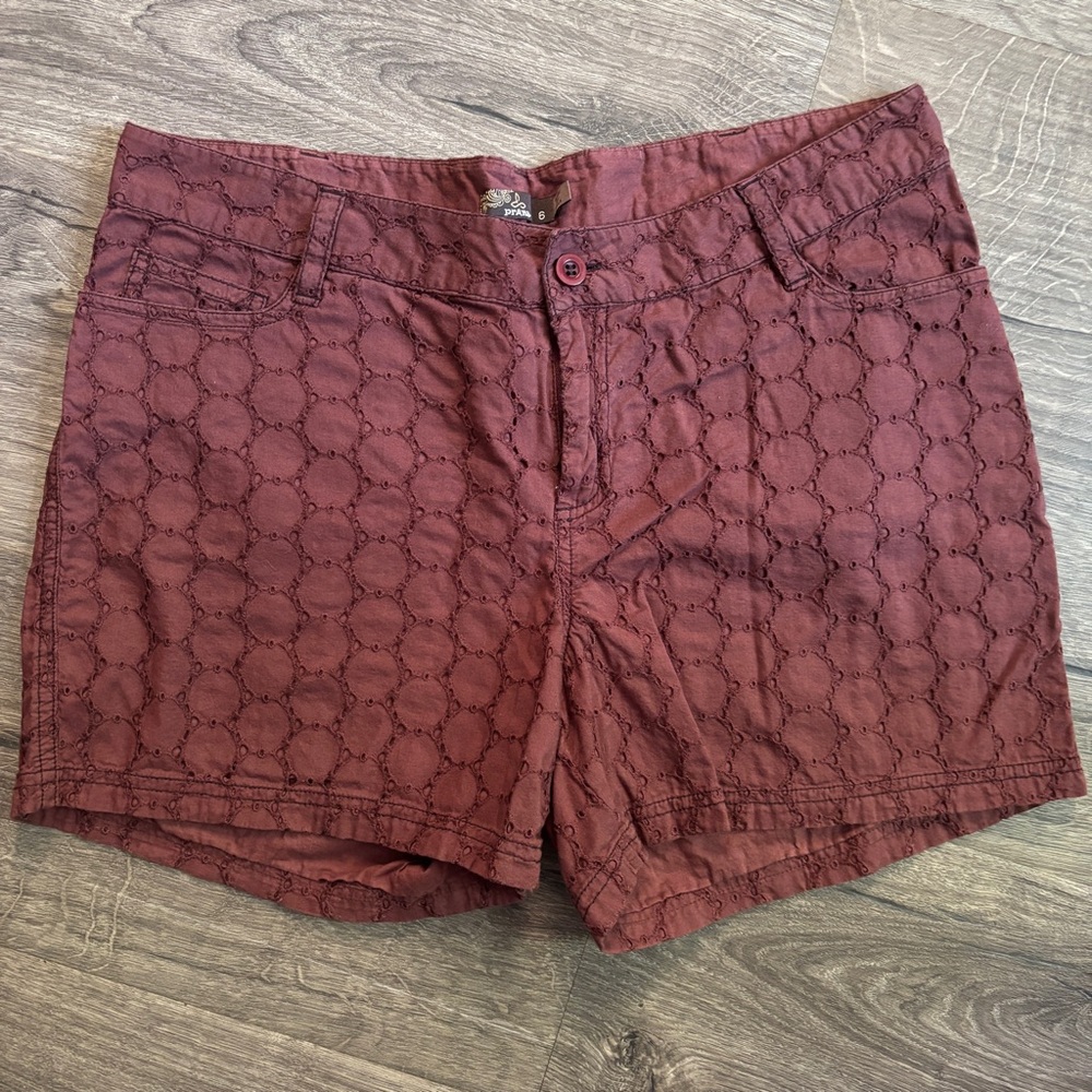 Prana Burgundy Red Bermuda Shorts Eyelet Design